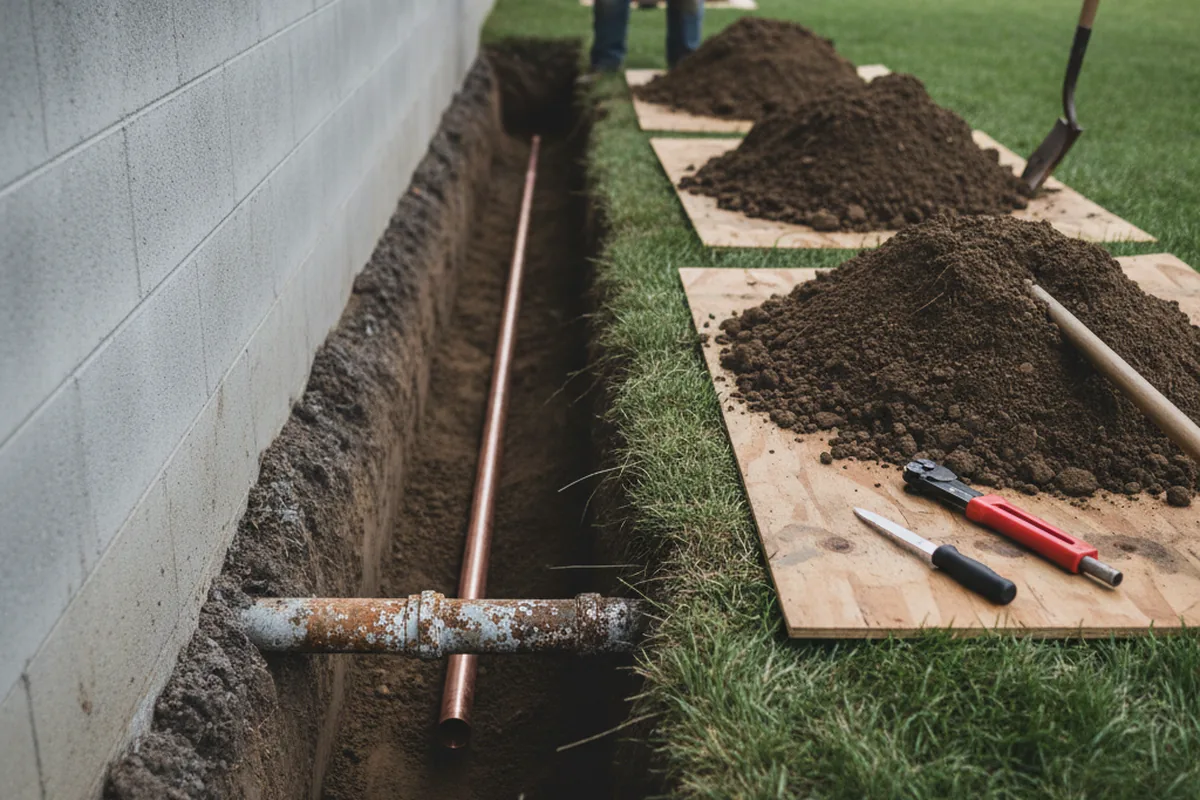 Excavated water line trench during Water Heater Repair in Hewitt